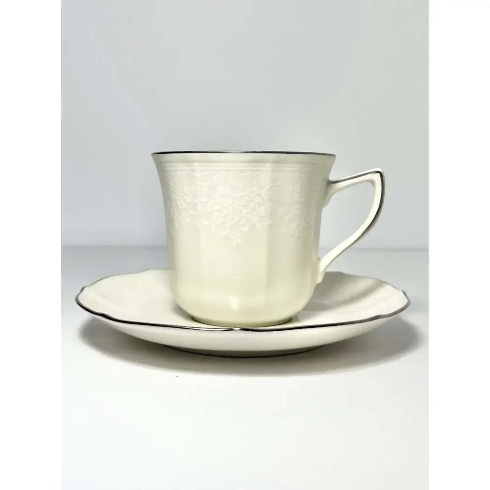 Noritake “Chandon, Platinum” Set of 8 Bone China Teacups 3” 8oz & Saucers 6”